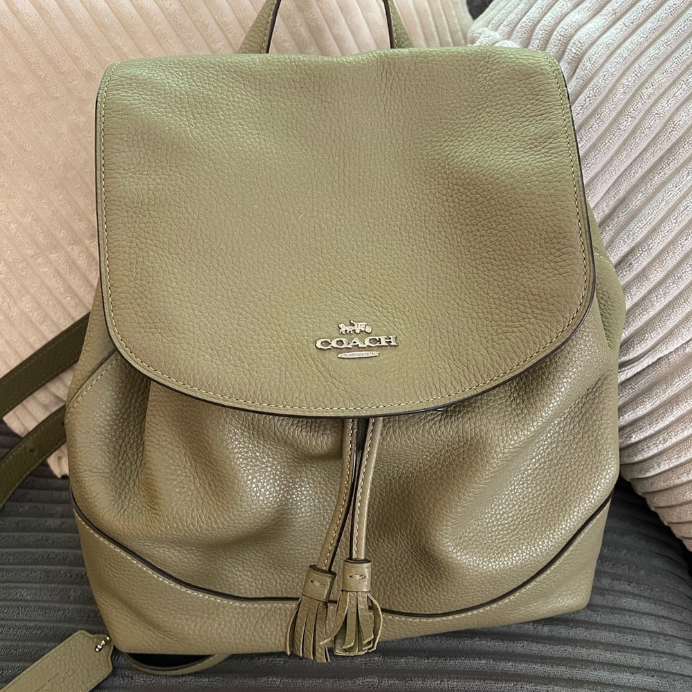 Coach Green Leather Backpack with Flap-Top Closure